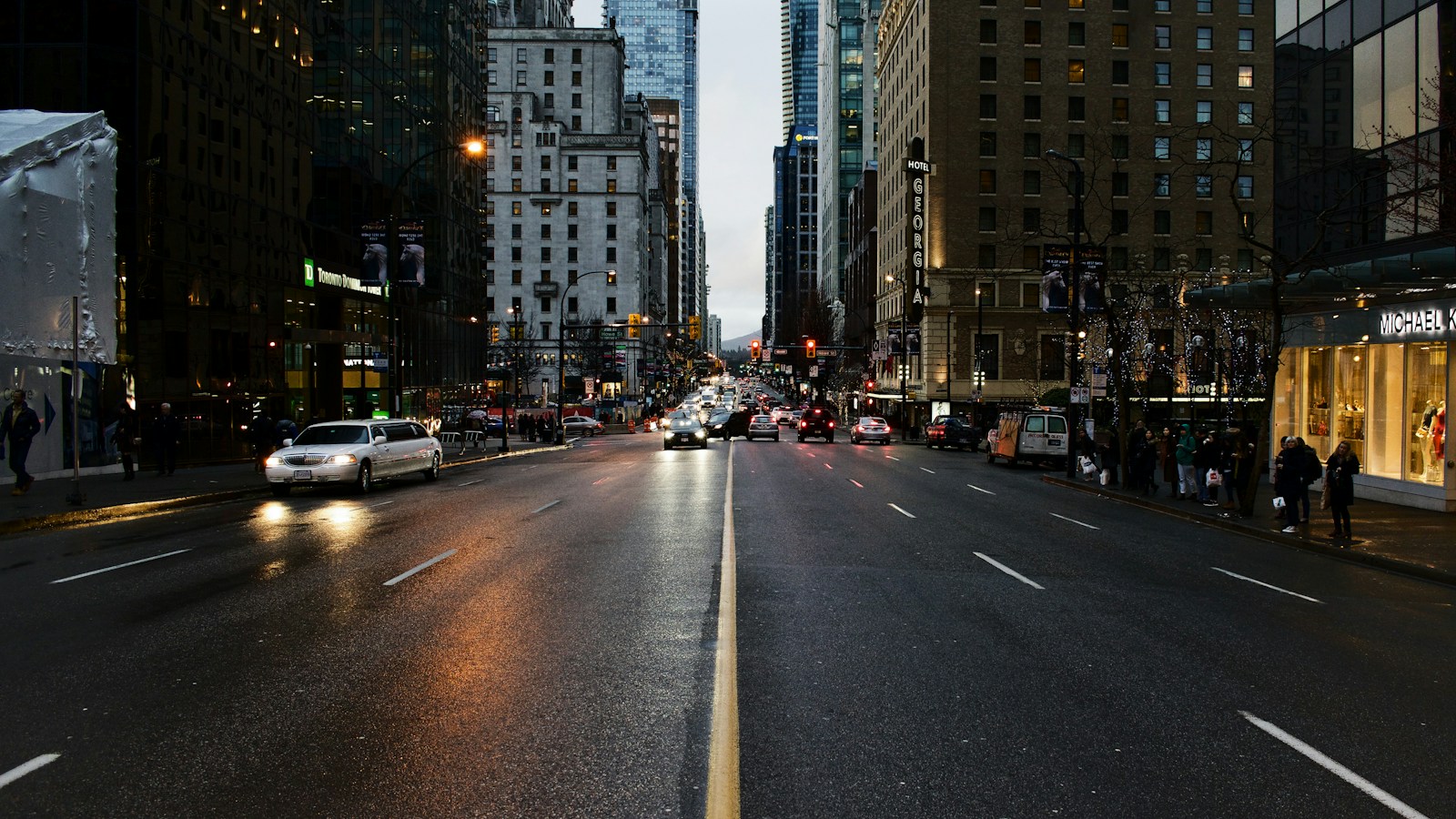 Downtown Vancouver street on a rainy day